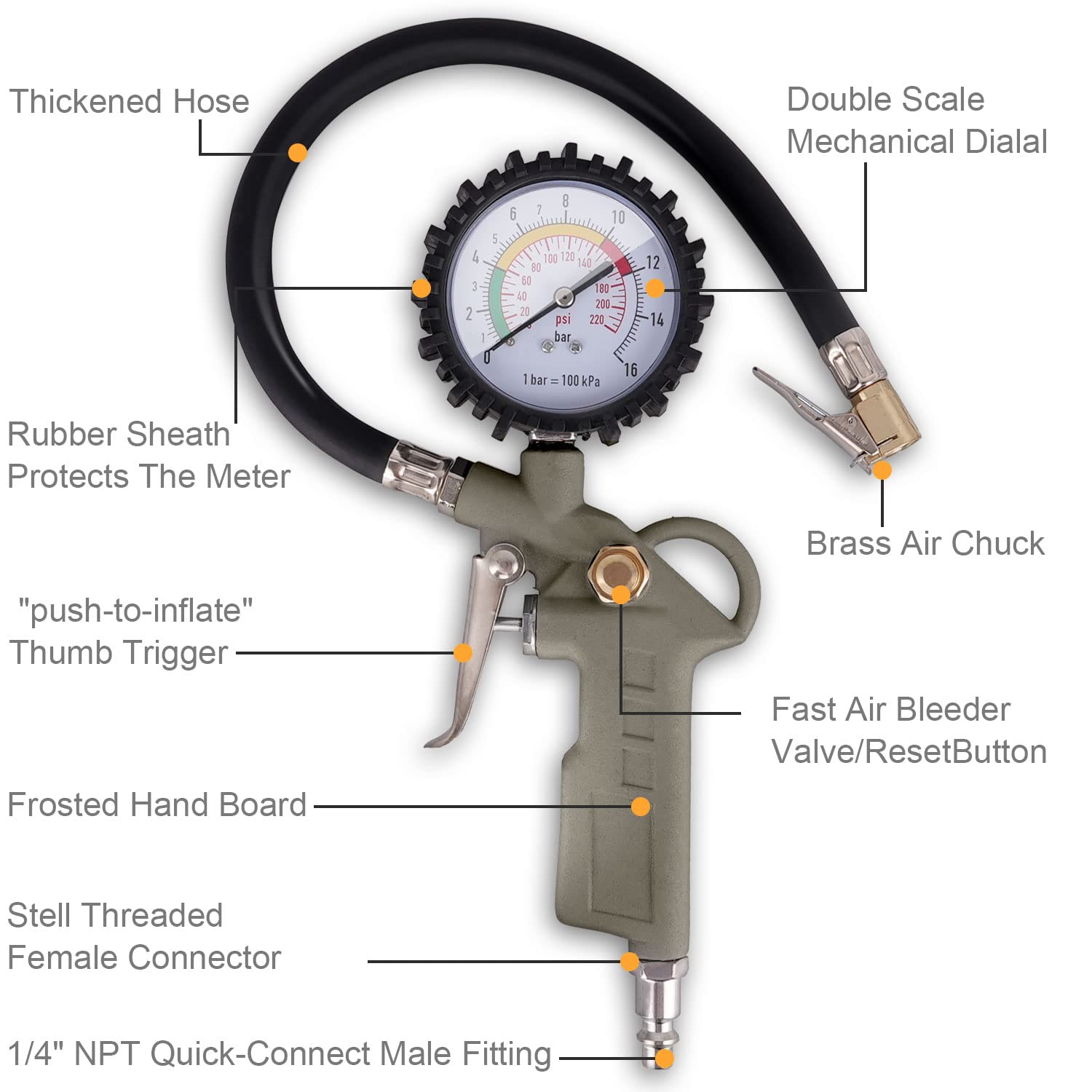 Ladfath Tire Inflator With Pressure Gauge, 0-220Psi Dial Wheel Air Tire Pressure Gauge, Heavy Duty Rubber Hose With Quick Couple