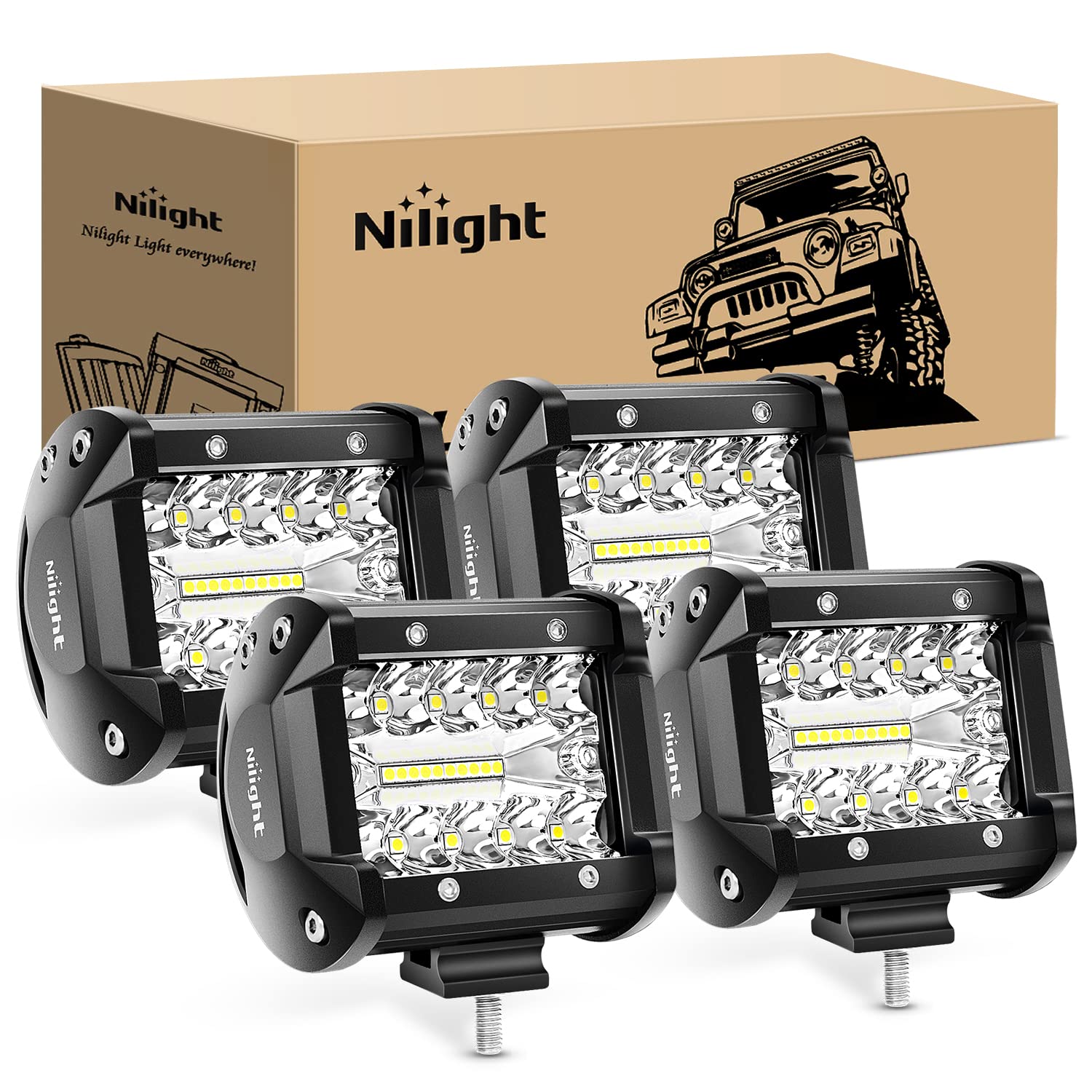 Nilight 4Pcs Led Pods 4Inch 60W Triple Row Flood Spot Combo 6000Lm Light Bar Driving Fog Lights Off Road Lighting For Trucks Pic