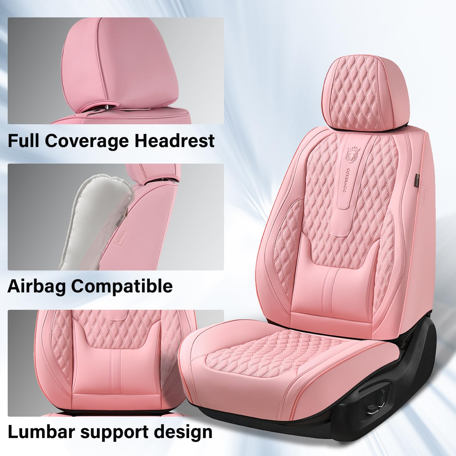 Coverado Seat Covers Full Set, Pink Car Seat Covers, Waterproof Car Seat Cover with Lumbar Support, Leather Car Seat Cushion Pro