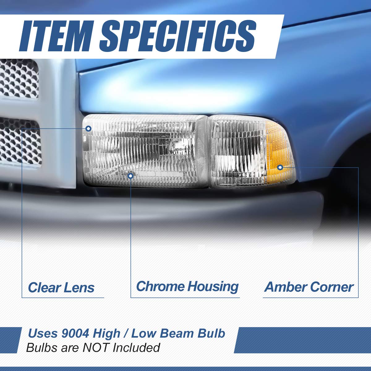 Auto Dynasty 4Pcs Headlights Assembly With Corner Lamp Compatible With Dodge Ram 1500 2500 3500 (Non-Sport Models) 94-02, Driver