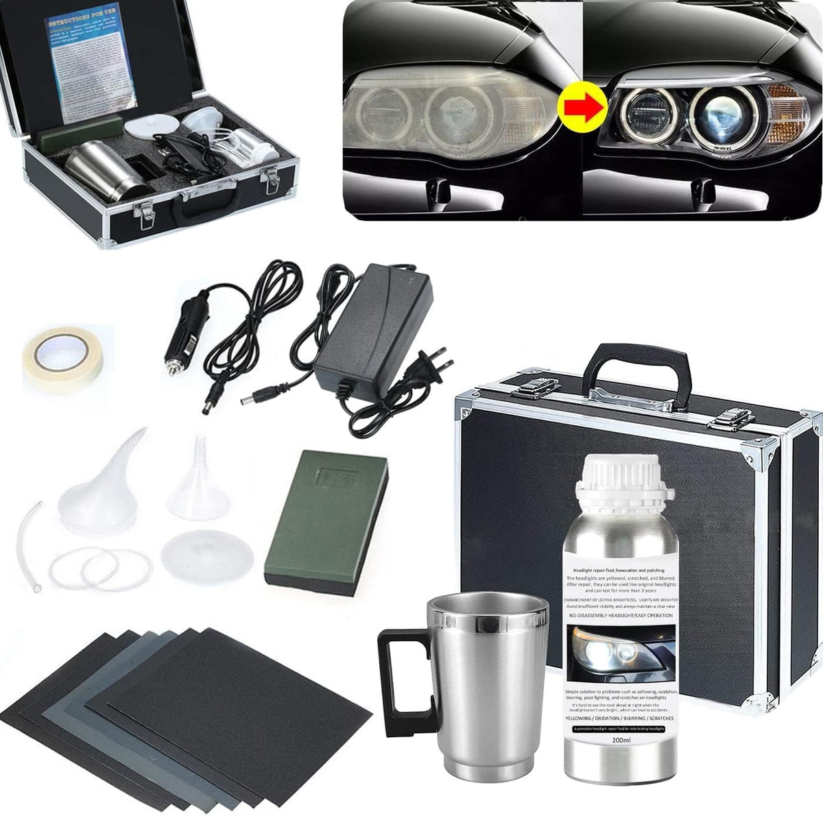 Car Headlight Restoration Kit, Auto Headlight Lens Polish Repair Kit Atomizing Cup Headlight Vapor Renovation Tool With 200Ml Li