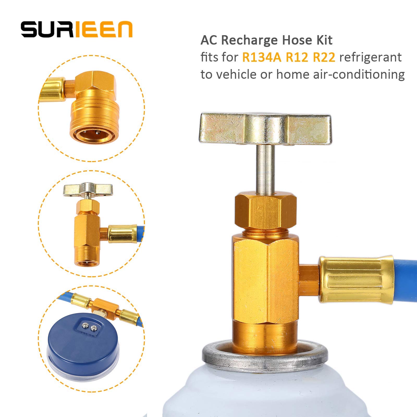 Surieen Ac Charge Hose With Gauge, R134A Ac Refrigerant Recharge Hose Kit, 1/2    Can Tap Dispensing Valve And R134A Quick Coupl