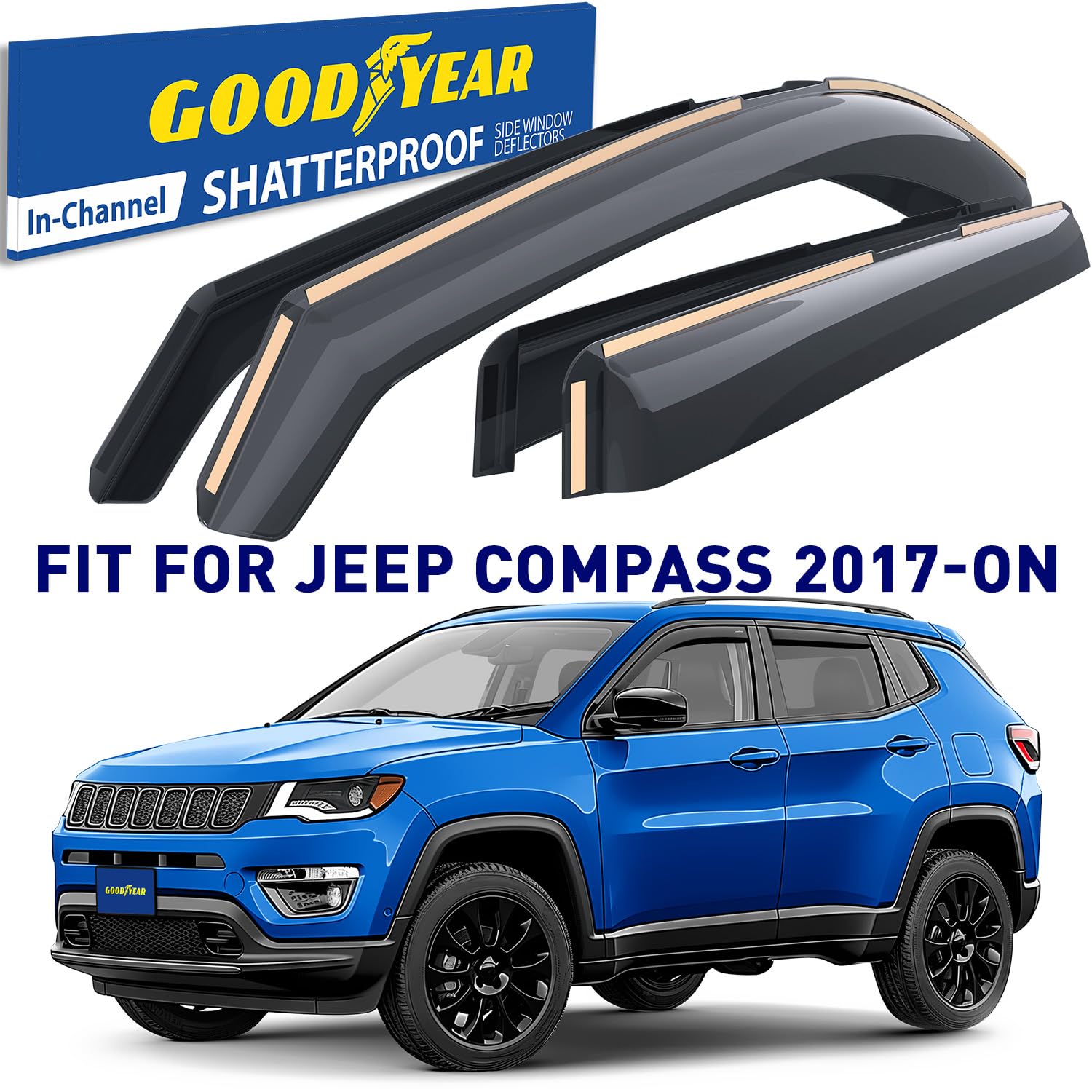 Goodyear Shatterproof In-Channel Window Deflectors For Jeep Compass 2017-2025, Rain Guards, Window Visors For Cars, Vent Deflect
