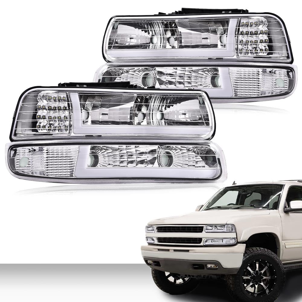 Pit66 Led Drl Headlight Assembly Compatible With 1999-2002 Chevy Silverado / 2000-2006 Tahoe Suburban Headlamp W/Bumper Lights C