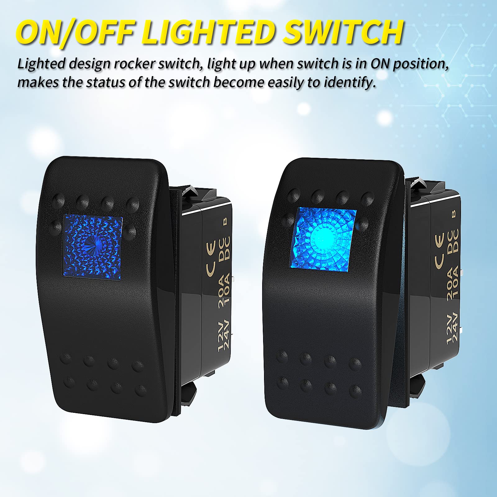 Joinfworld Marine Rocker Switch 12V 24V Lighted Rocker Switch 12 Volt 20A Blue Led 3 Pin Spst On/Off Waterproof For Boat Utv Rzr Atv Car Automotive -2Pcs