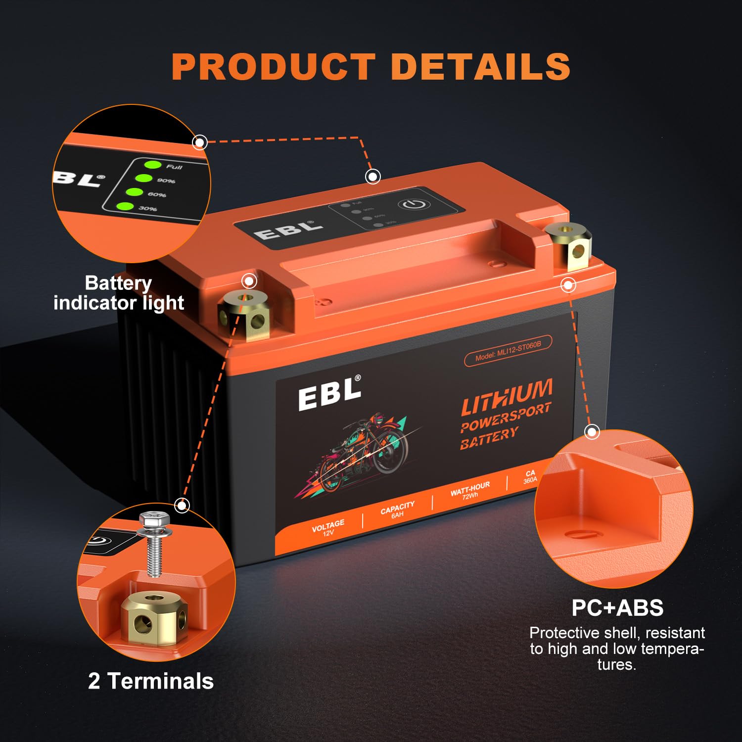 EBL Lithium YTZ10S-BS, 180CCA Lithium LiFePO4 Motorcycle Battery, 12V 6Ah ATV, UTV, Jet Ski, 4 Wheeler, Quad, Riding Lawn Mower,