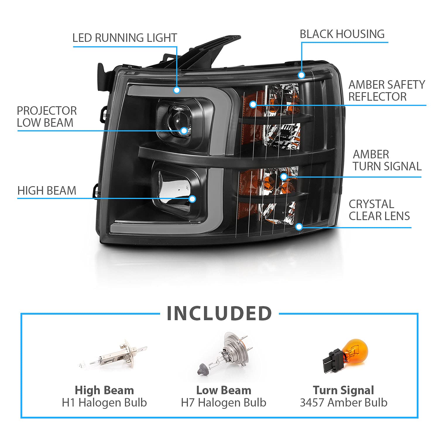 Amerilite For 2007-2013 Chevy Silverado 1500/07-14 2500Hd 3500Hd Led, Halogen, Tube Quad Projector Car Headlights Assembly Set -