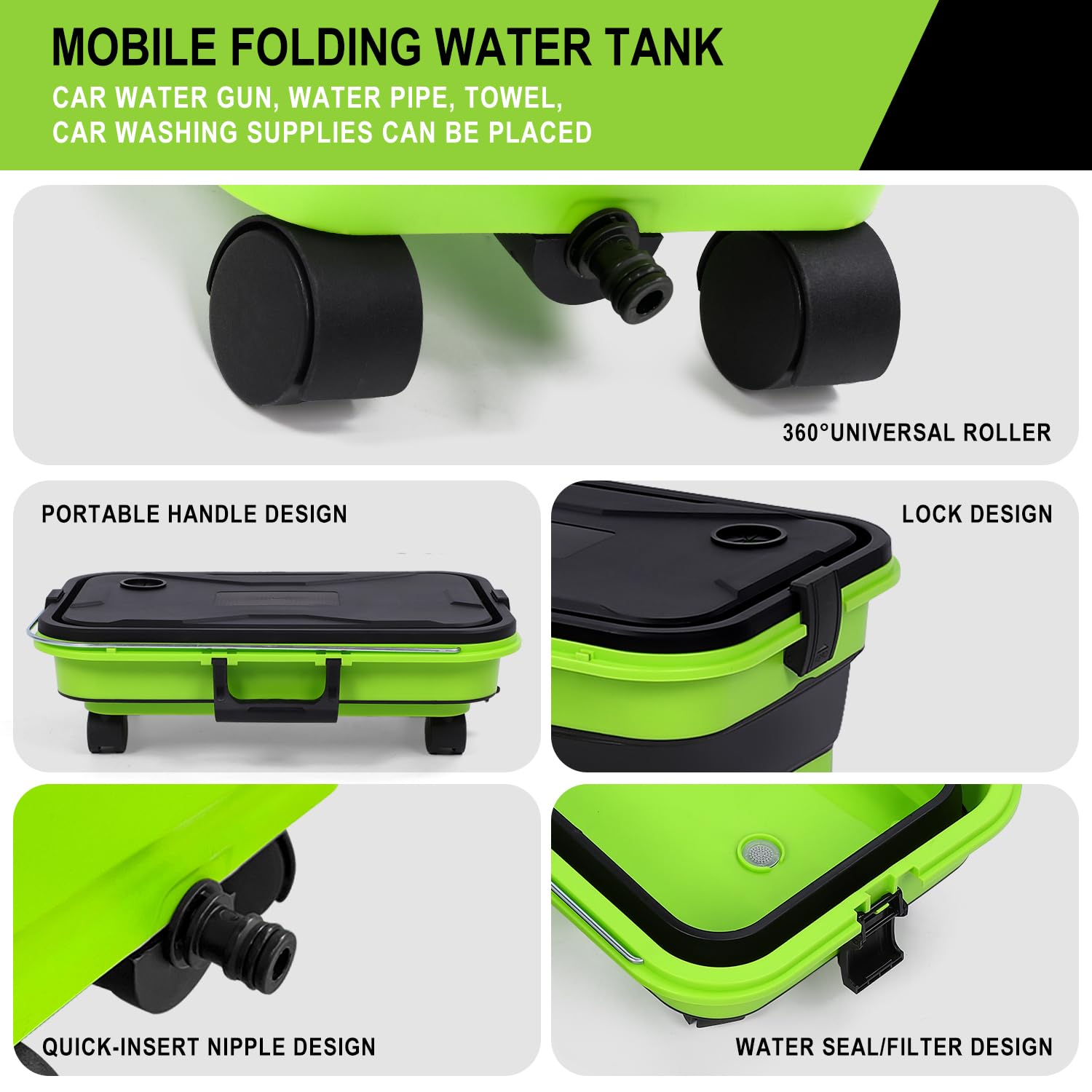 Newmkr Collapsible Bucket 5.5 Gallon with Wheels & Handle, 2-in-1 Foldable Car Wash Bucket with Drain Plug for Pressure Washer,