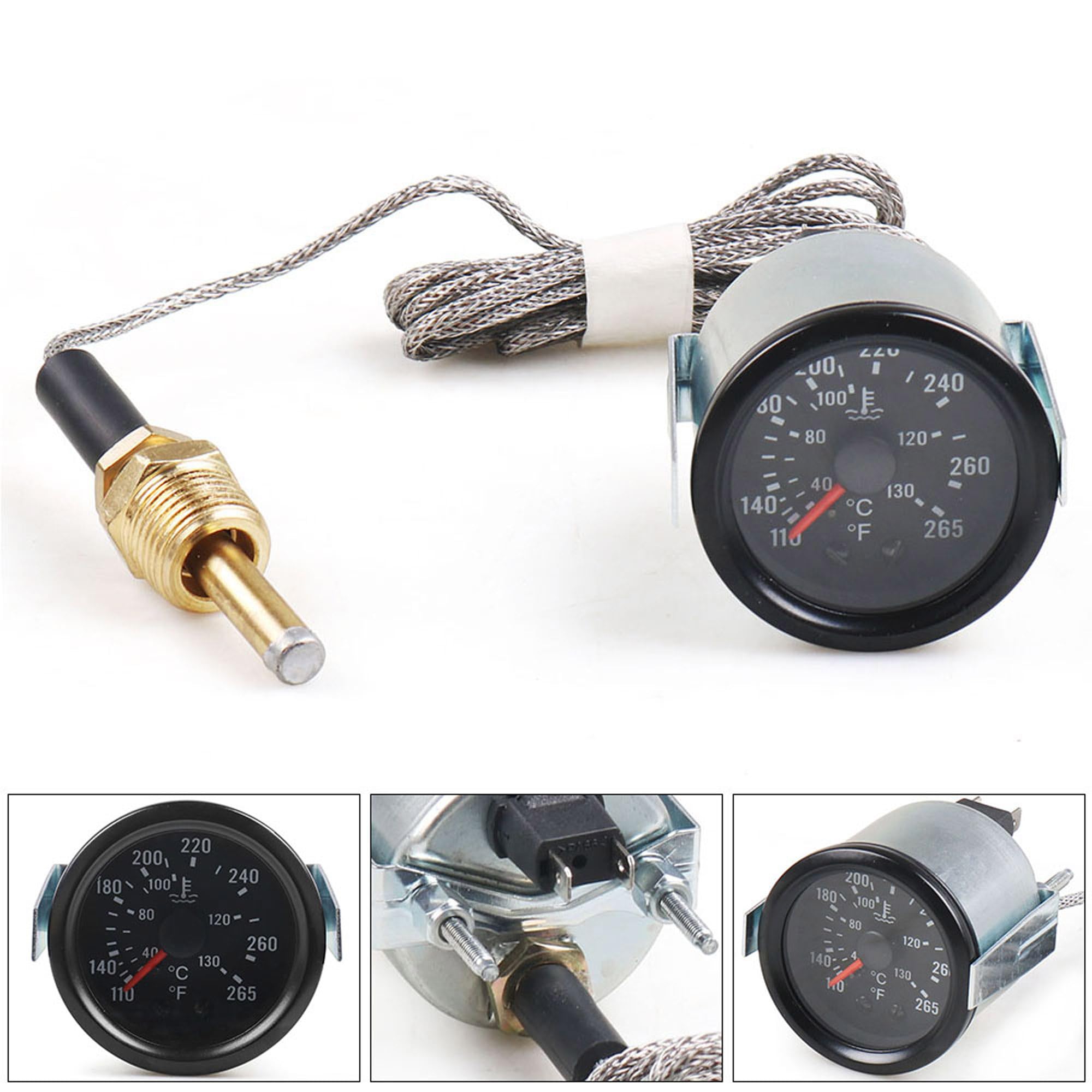Dyno Racing 2" 52mm Mechanical Water Temperature Gauge, 12V, 40-130℃, NPT 1/2 Sensor, Yellow Light, Model #dyno101934