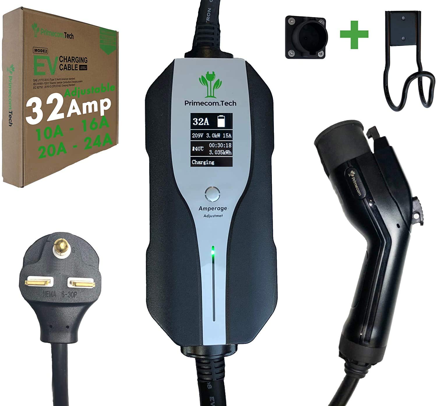 PRIMECOMTECH Level 2 Electric Vehicle (EV) Charger Amperage Adjustable (10Amp - 16Amp - 20Amp - 24Amp - 32Amp) 30Ft Cable EVSE P
