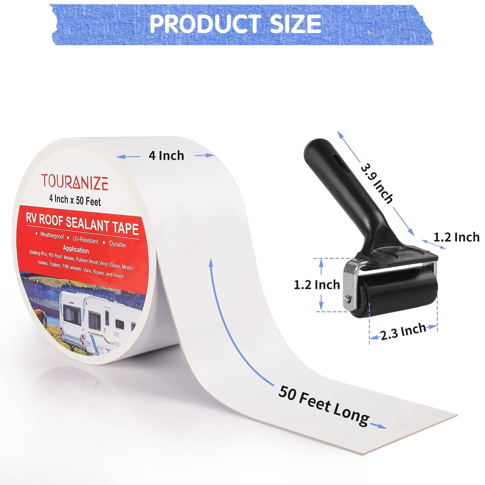 Touranize Rv Roof Tape With Rubber Roller, 4 Inch X 50 Feet Rv Sealant Tape For Camper Roof Repair, Boat Sealing, Trailer Roof S