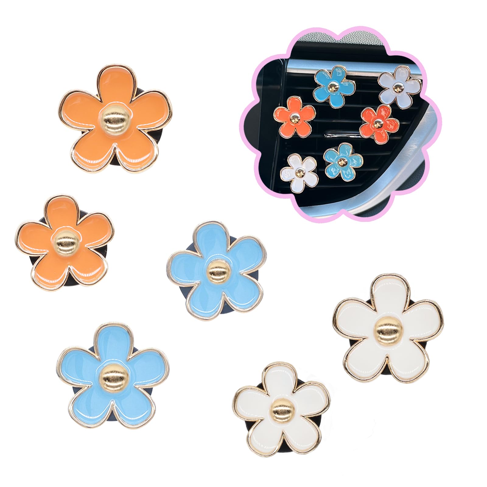 Oriesse 6Pcs Flower Car Air Freshener Vent Clips,Pink Yellow Yellow Daisy Air Vent Clip Car Accessories For Women,3.3Cm/3Cm Flow