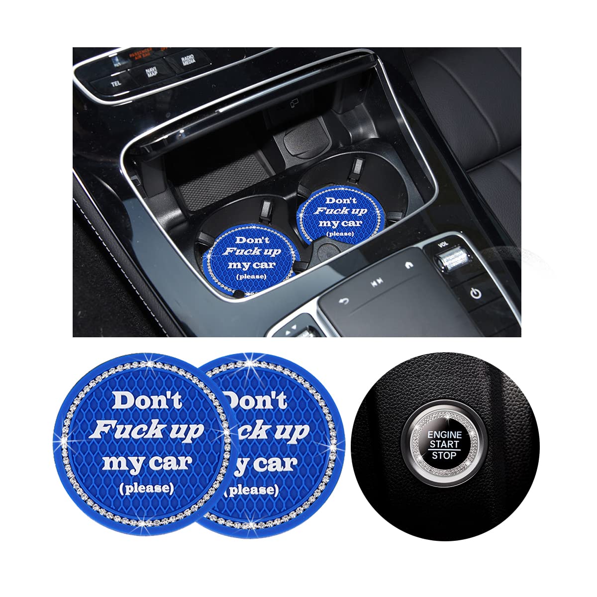 Ziciner 2 Pack Bling Car Cup Holder Coasters With Start Stop Button Cover, 2.75 Inch Crystal Rhinestone Soft Rubber Auto Cup Ins