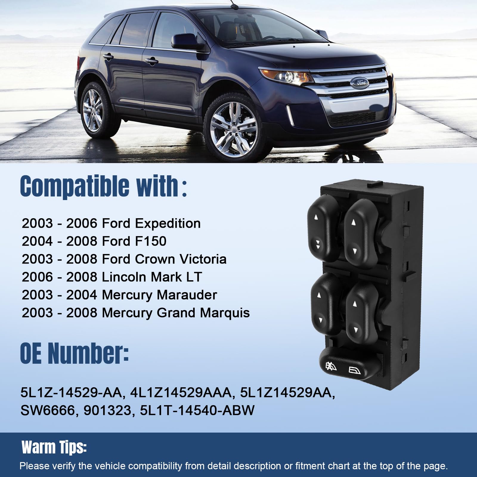 Lcwrgs Driver Side Master Power Window Switch 5L1Z14529Aa Replacement For Ford F150 2004 2005 2006 2007 2008, Ford Expedition 2003 2004 2005 2006, Ford Crown Victoria 2003-2008