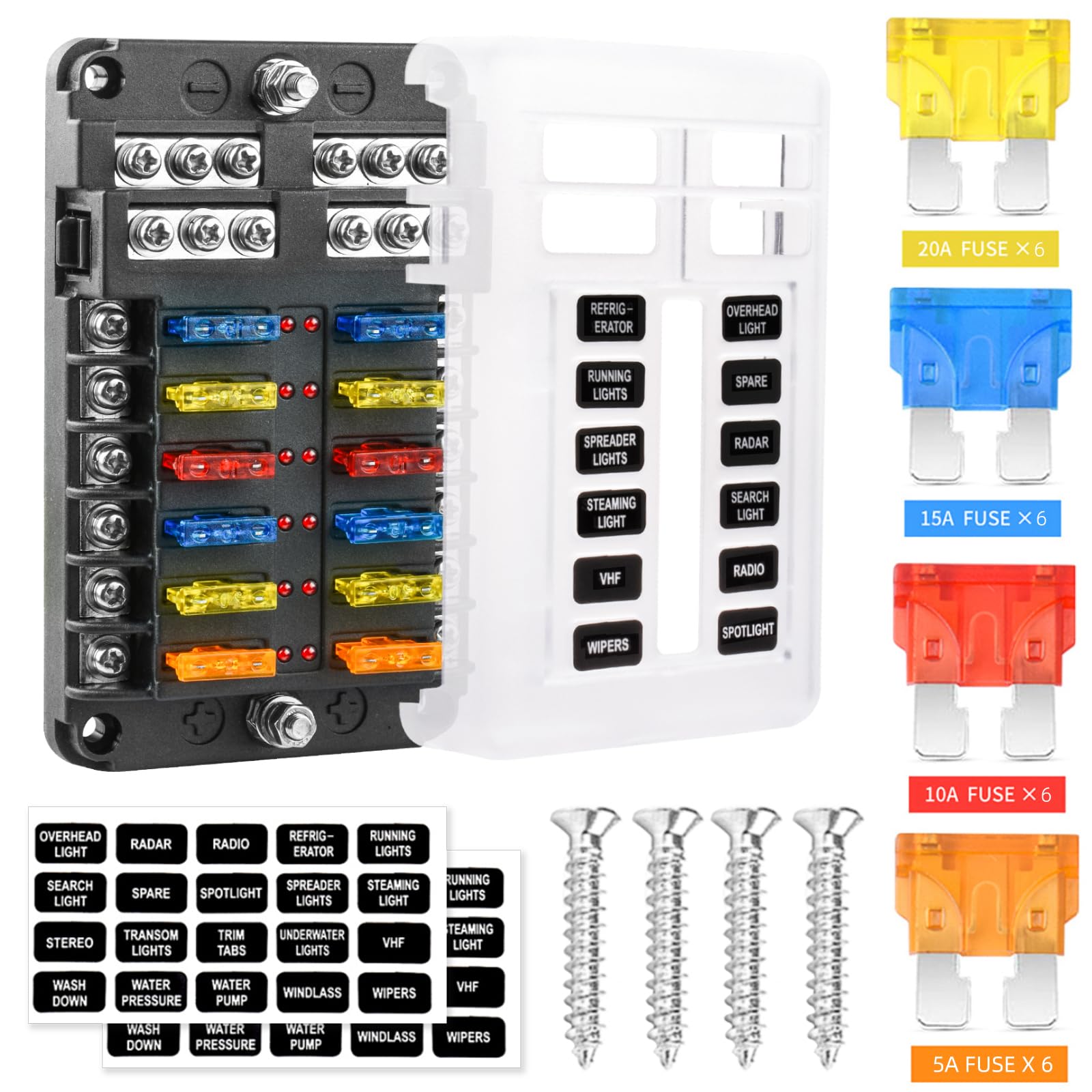 12 Way 12V Fuse Box Blade, 12Volt Fuse Block With Led Indicator Waterproof Cover - 12-Way Individual Positive Fuse Holder With Ground Bus Holder For 12V/24V Autotruck Boat Marine Rv Van Vehicle
