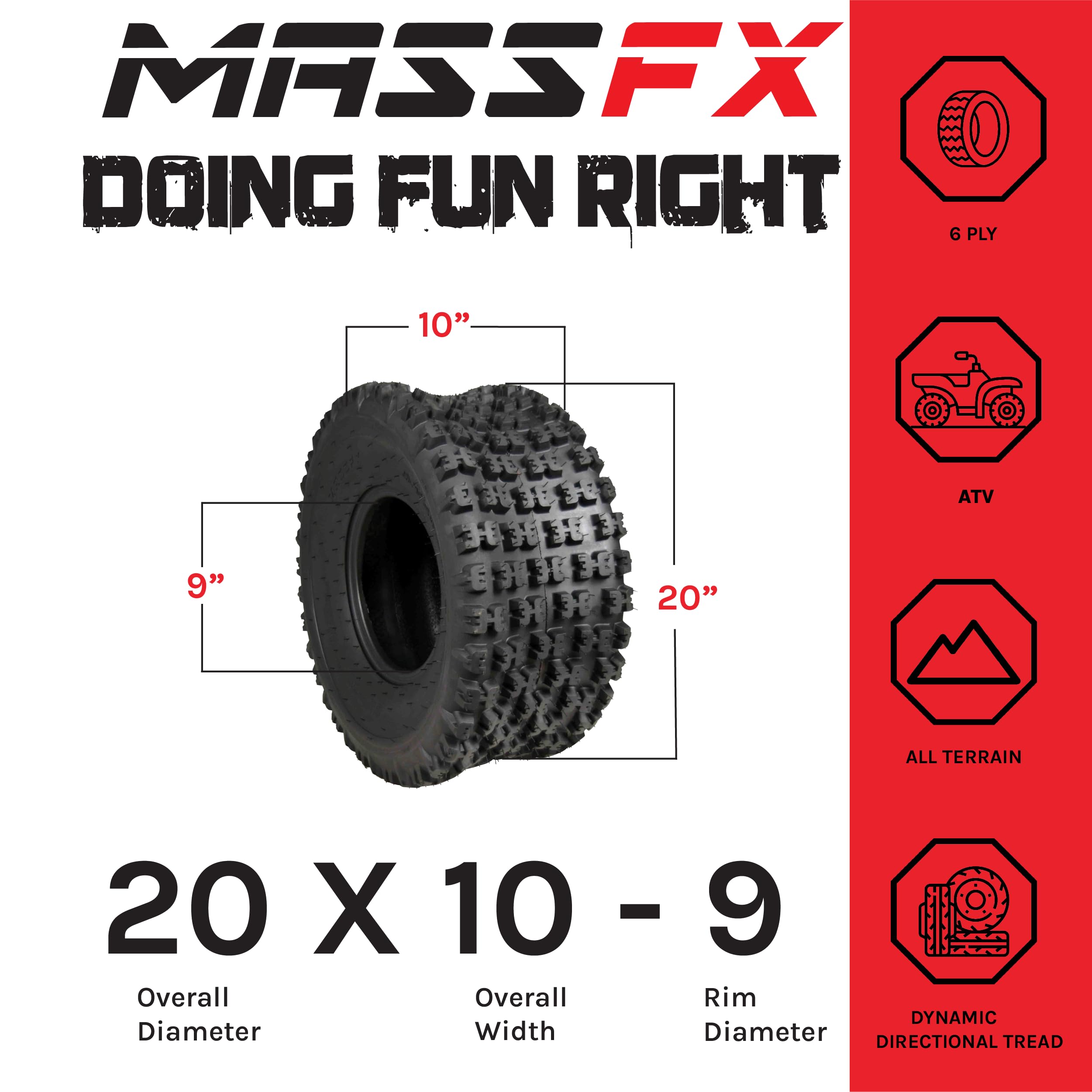 MASSFX Rear Tire Set (2x) 4ply ATV Sport Quad Tires 20X10-9 Rear Tire 20x10x9 4Ply 20 10 9 Compatible with Honda 400ex TRX 450r