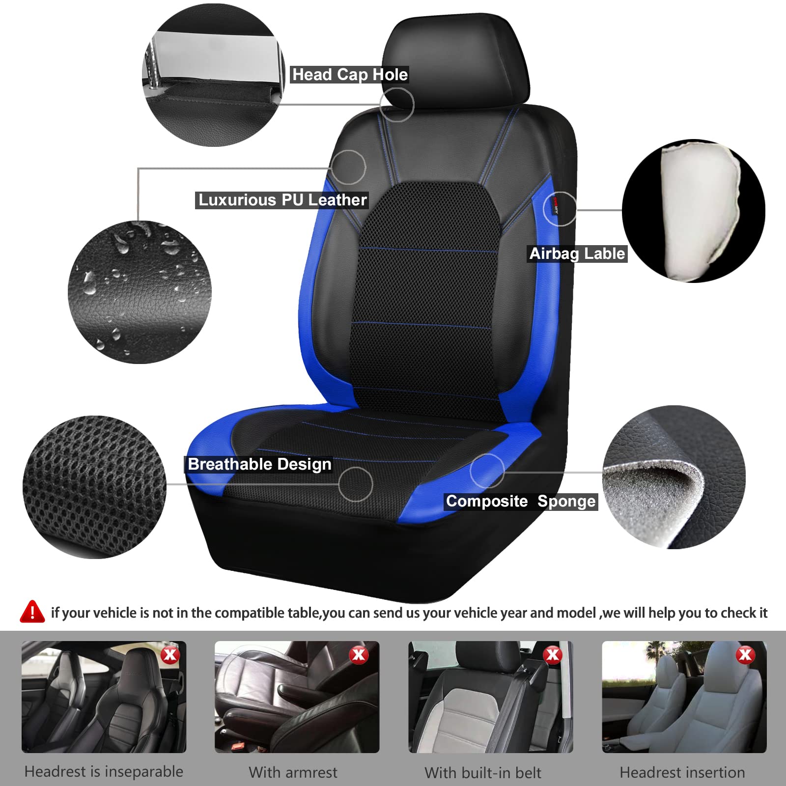Car Pass Universal Leather Two Front Seat Covers,Sport Seat Covers Fits Most Cars, Suvs, Trucks, And Vans Airbag Compatible (Black And Blue)