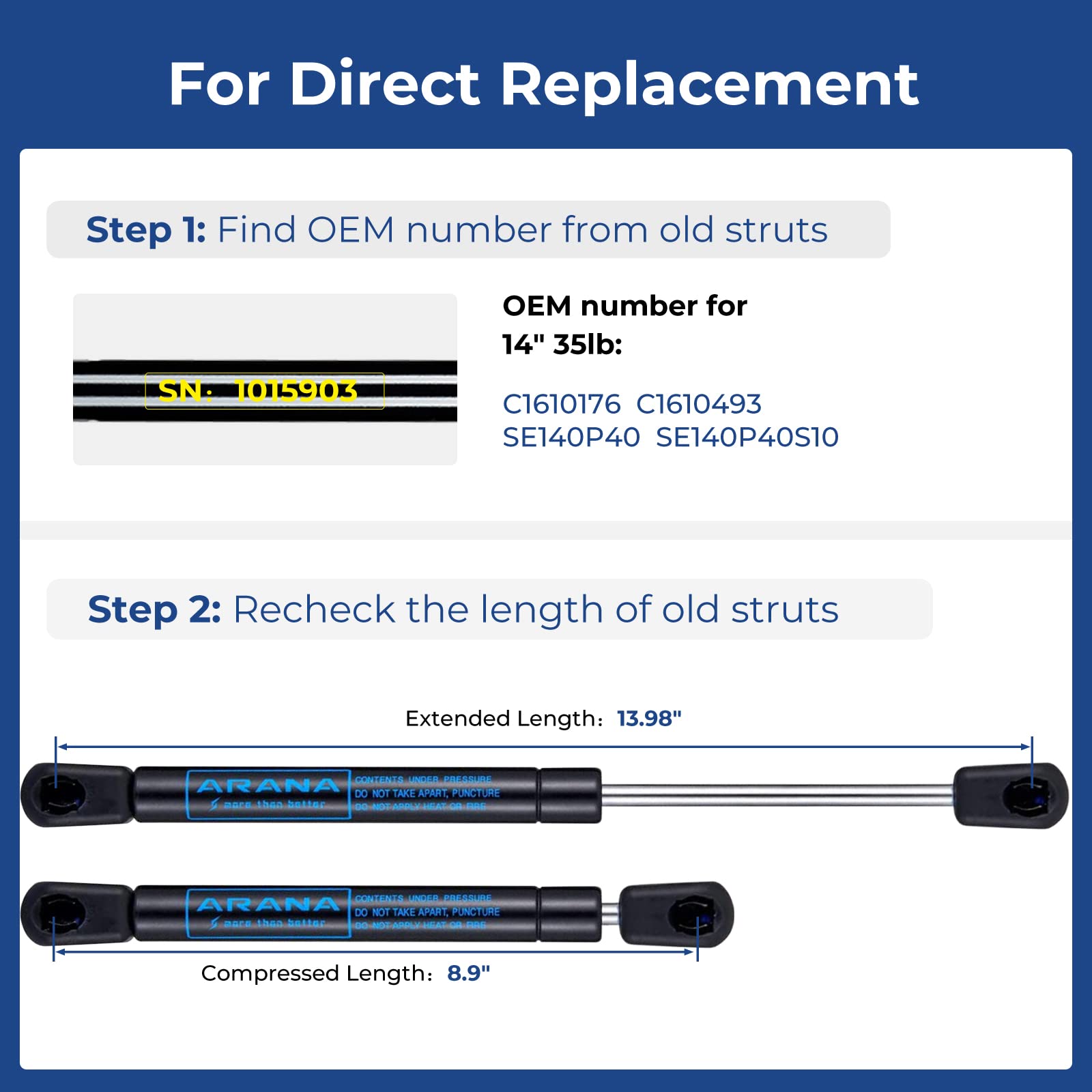 Arana C16-10176 14 Inch 35Lb Gas Struts Spring Shocks C1610176 Lift Support For Leer Camper Shell Are Truck Cap Topper Tool Box