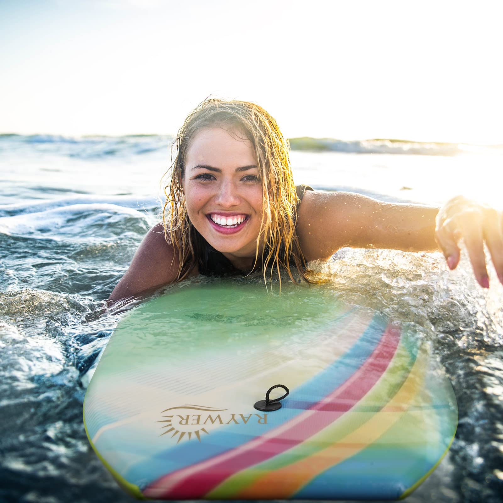 RAYWER Body Board - 41-Inch Lightweight EPS Core, HDPE Slick Bottom, Green, with Leash & Adjustable Wrist Rope