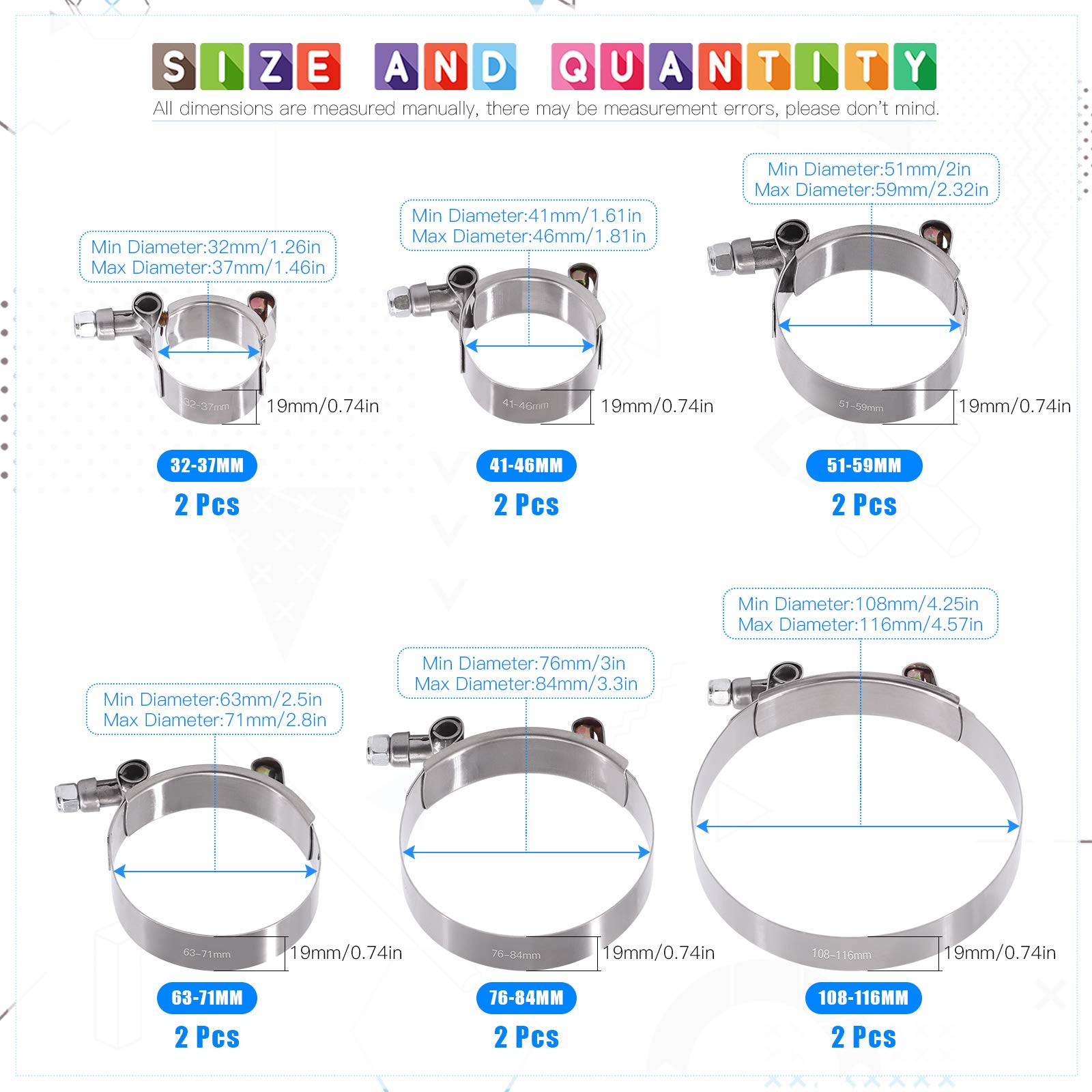 Glarks 12Pcs 6 Sizes 32-116Mm Stainless Steel T-Bolt Hose Clamps Turbo Intake Soft Hose Intercooler Clamps Assortment Set