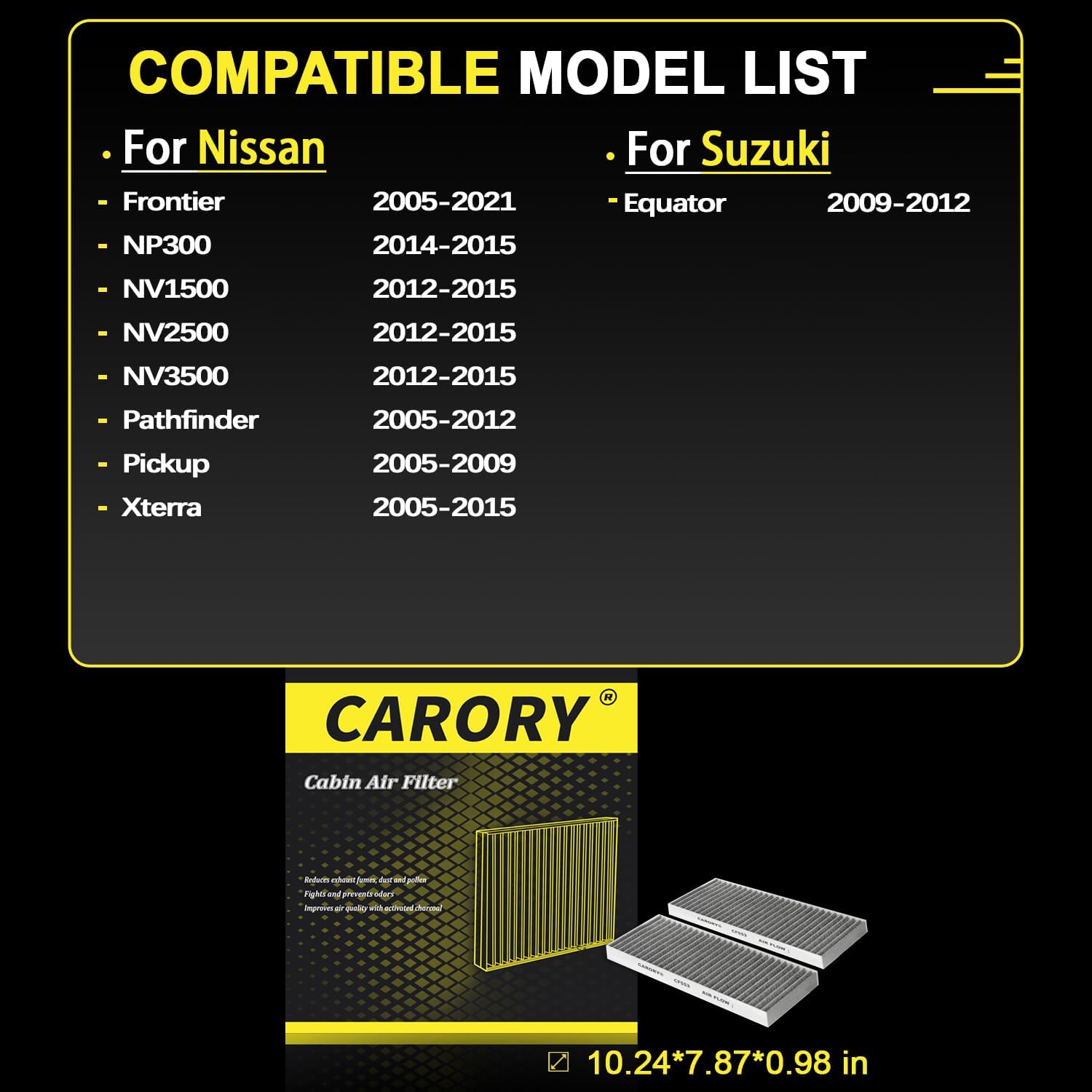 CARORY Cabin Air Filter w/Activated Carbon for Nissan Frontier 02-21, NP300 14-15, NV1500/2500/3500 12-15, Pathfinder 05-12, Pic