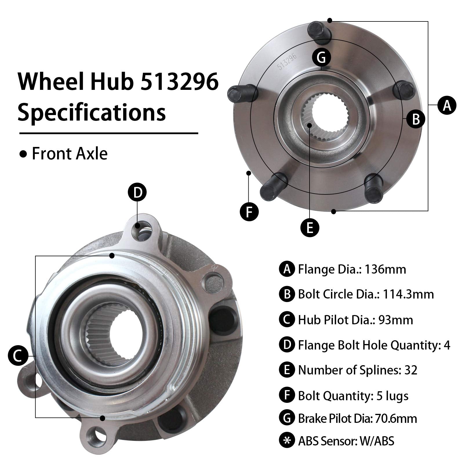 Parod 513296 Front Wheel Hub And Bearing Assembly Compatible With 2007-2018 Nissan Altima, 2009-2019 Maxima, 2011-2017 Quest, 2009-2017 Murano Pathfinder, 2013-2017 Infiniti Qx60 Jx35 5Lugs