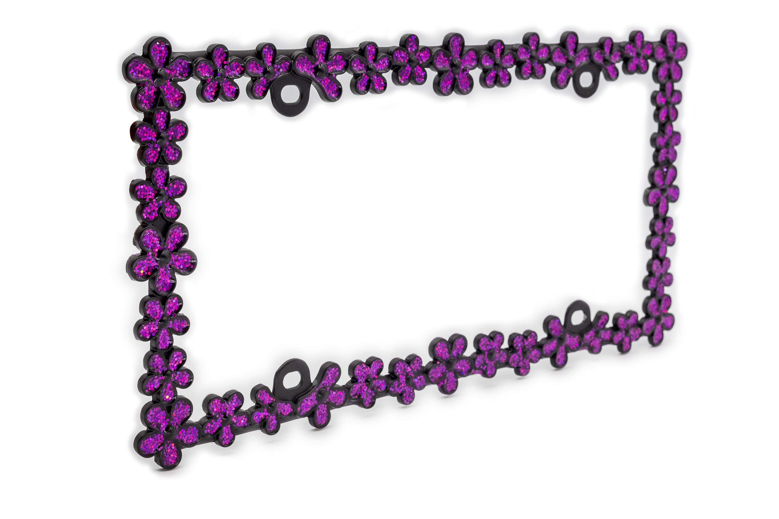 Creathome 3D Shining Daisy Wrenth License Plate Frame From Pure Zinc Alloy Metal Perfect Plate Holder,Matt Black With Purple Gli