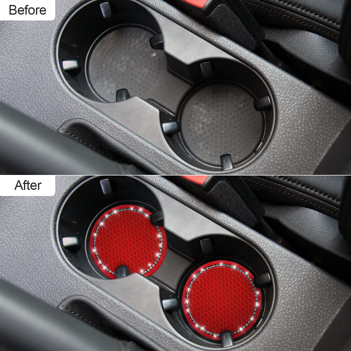 2Pcs Universal Bling Car Cup Coaster,Rhinestone Car Accessories 2.75 Inch Car Cup Holder Insert Mat Pad Set,Suitable For Most Car Interior (Red/White)