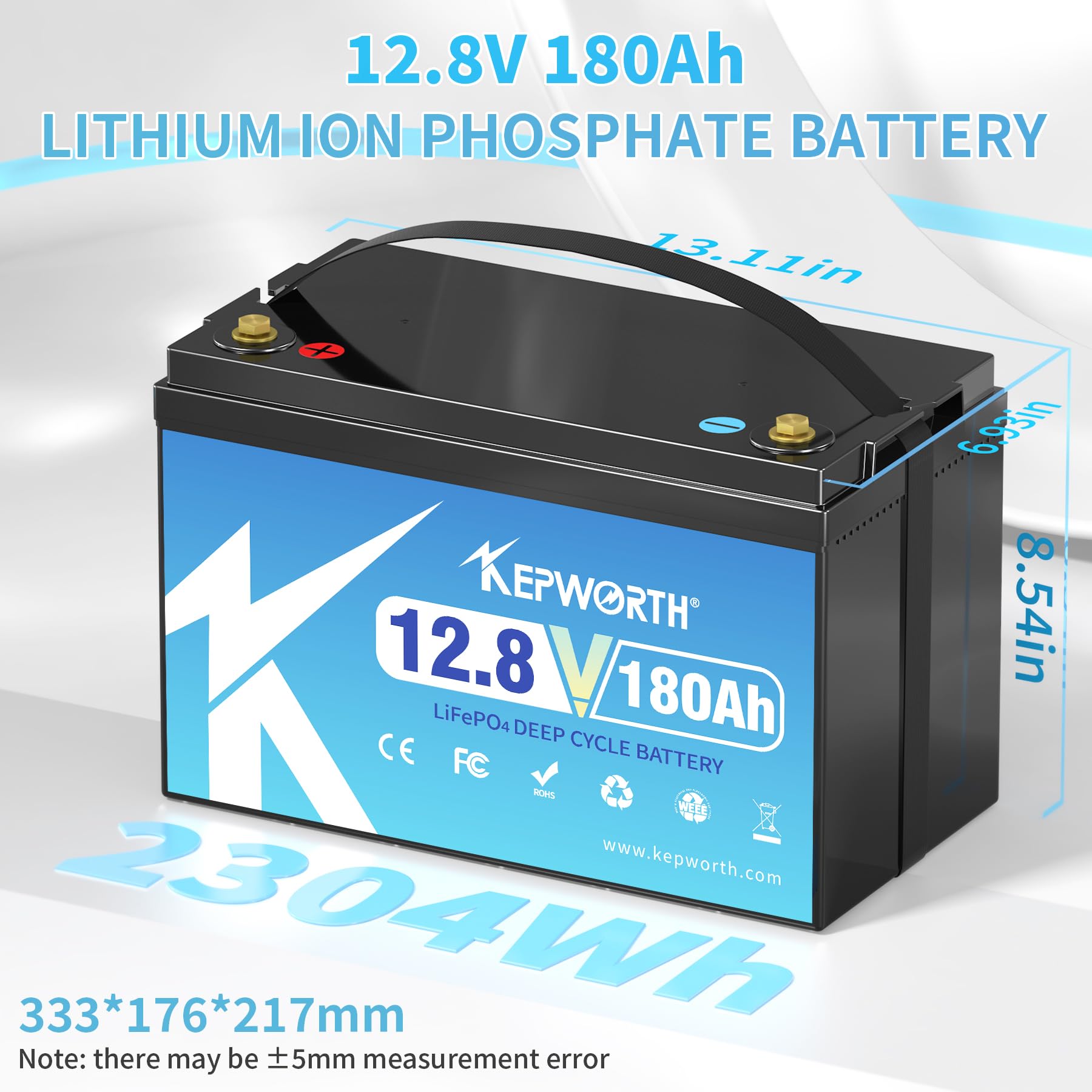 KEPWORTH 12.8V 180Ah LiFePO4 Battery - Rechargeable Lithium Iron Phosphate for Boat, RV, Solar, Trolling Motor, Off Grid