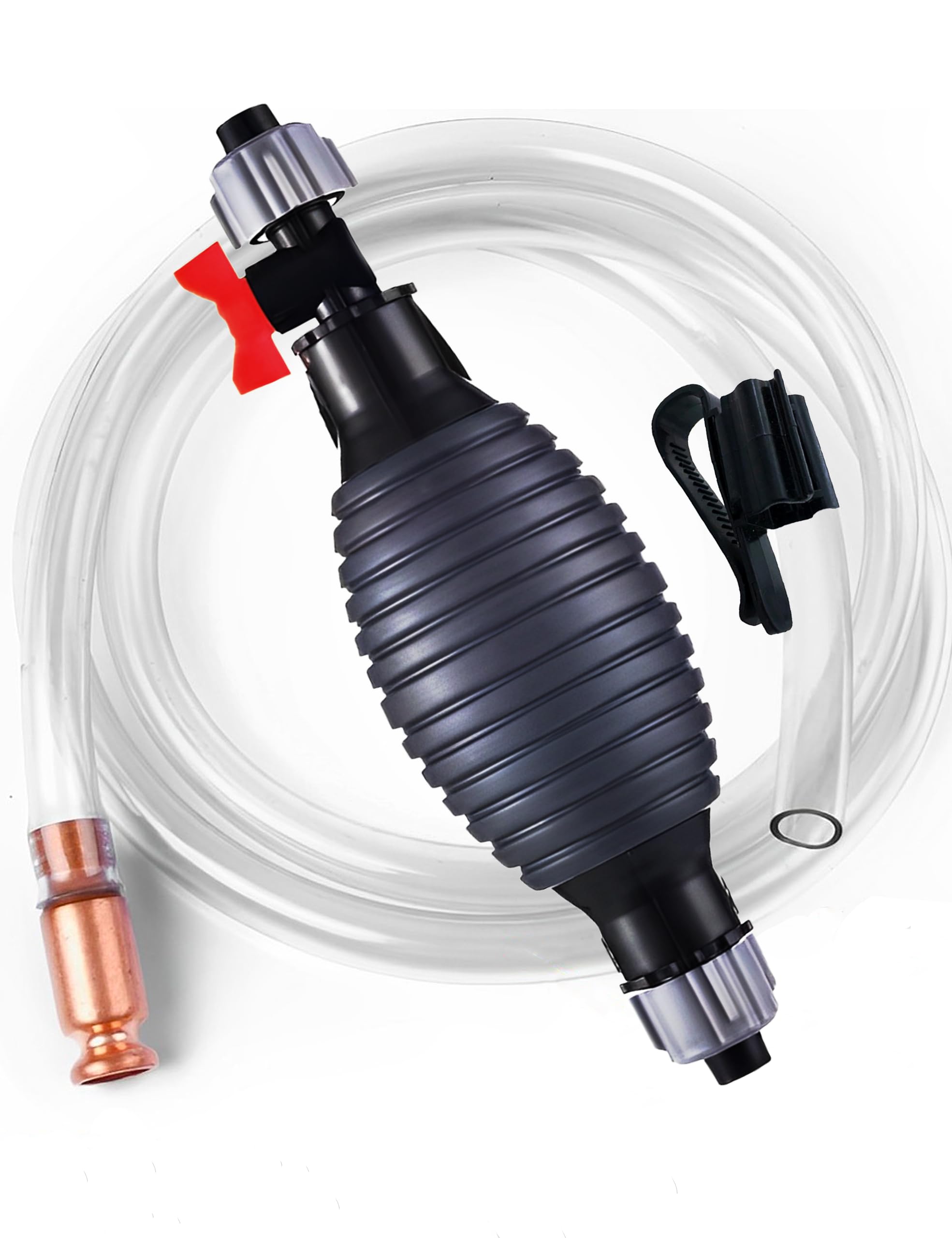 Hand Fuel Pump, 8.2ft Siphon Hose Transfer Pump with Brass Valve and Clips for Gasoline, Lawn Mower, Snow Blower, Yard