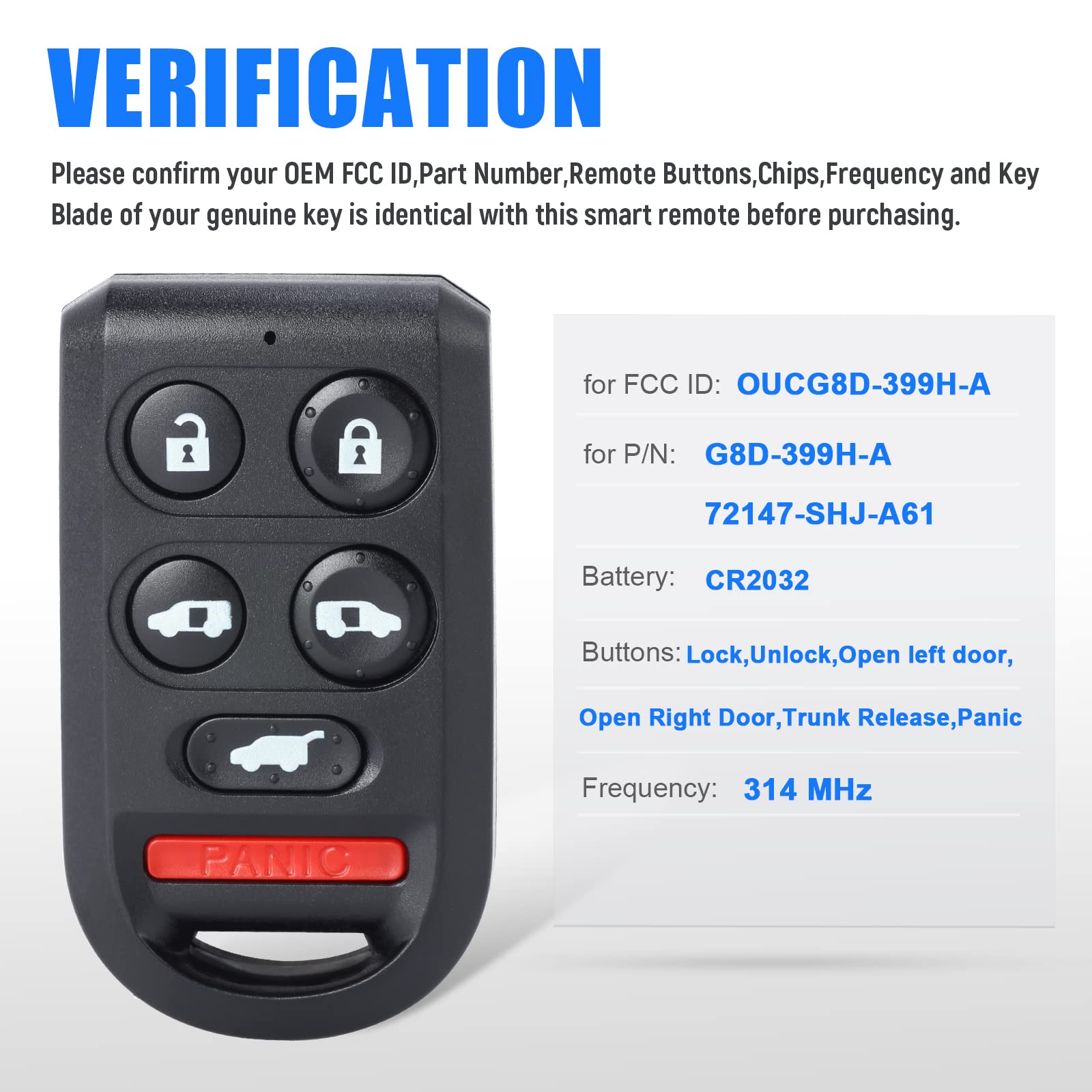 Keymall 6 Buttons Car Key Fob Keyless Entry Remote Control For Honda Odyssey 2005 2006 2007 2008 2009 2010 (Fcc Id:Oucg8D-399H-A P/N:72147-Shj-A61)