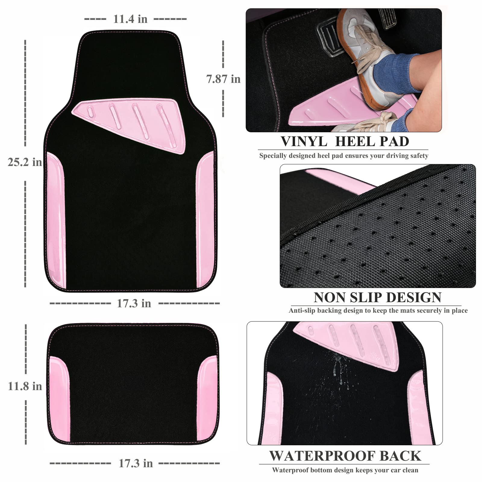 Car Pass Jelly Waterproof Universal Fit Car Floor Mats, Girly Car Carpet Mats With Anti-Slip Nibbs Backing & Driver Heel Pad Fit