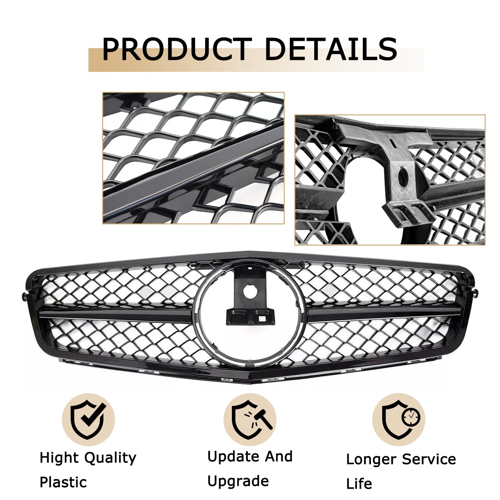DIBON AUTO Front Grille for 2008-2014 Mercedes Benz W204 C Class, AMG Style, Gloss Black, Durable ABS Plastic