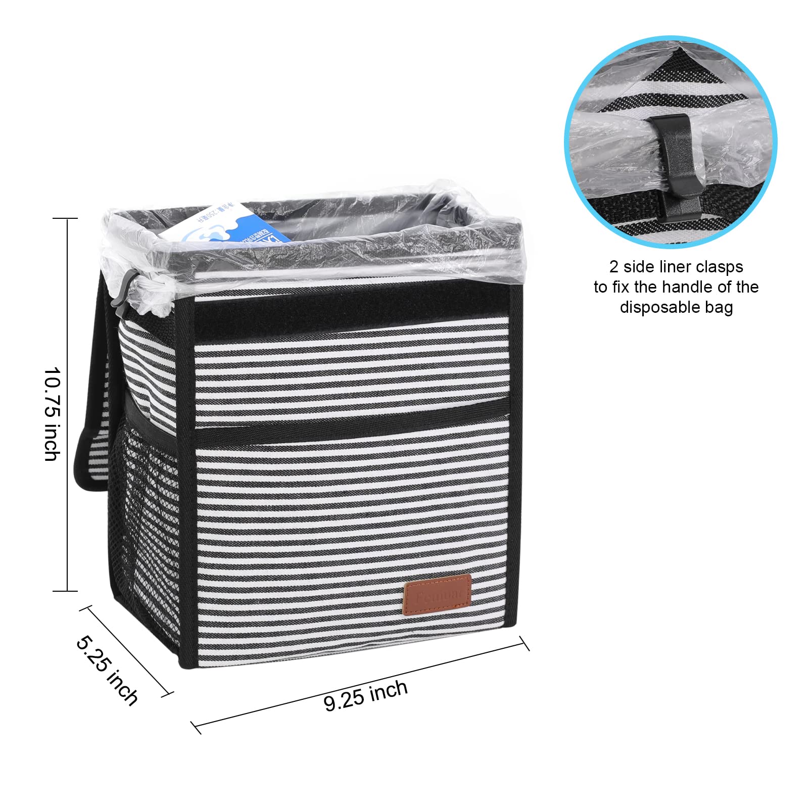 Femuar Car Trash Can Leak Proof Car Trash Bag Waterproof Car Garbage Can With Lid For Suv Front Seat Multipurpose Car Hanging For Headrest Collapsible And Portable With Storage Mesh Pocket, Stripe