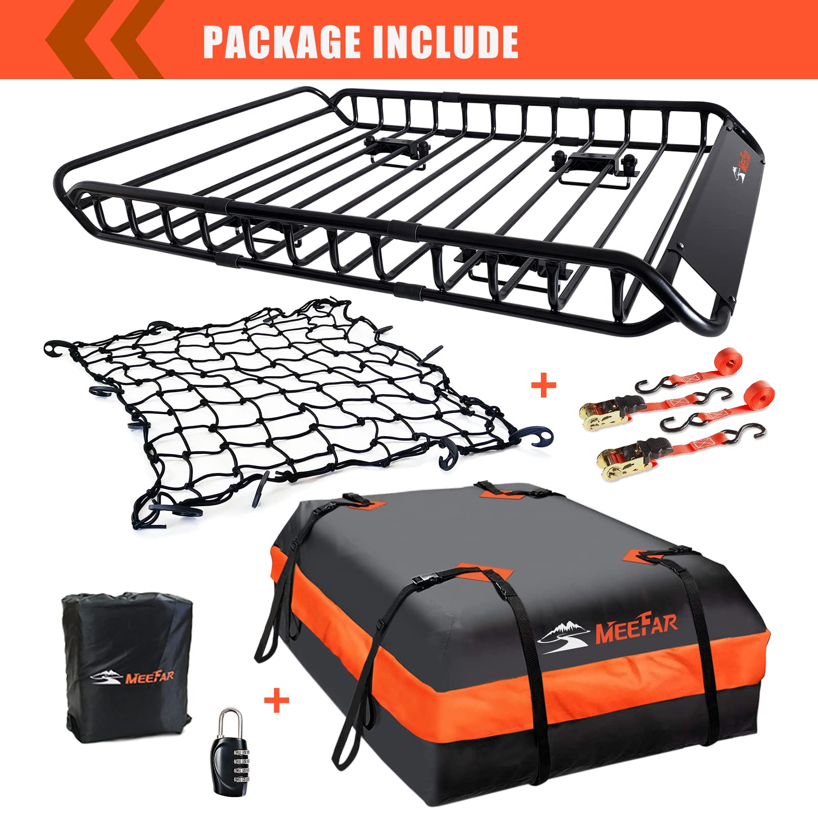 Meefar Roof Rack Carrier Basket Universal Rooftop Cargo Carrier Basket 51'' X 36'' X 5'' + Waterproof Cargo Bag 15 Cubic Feet (4