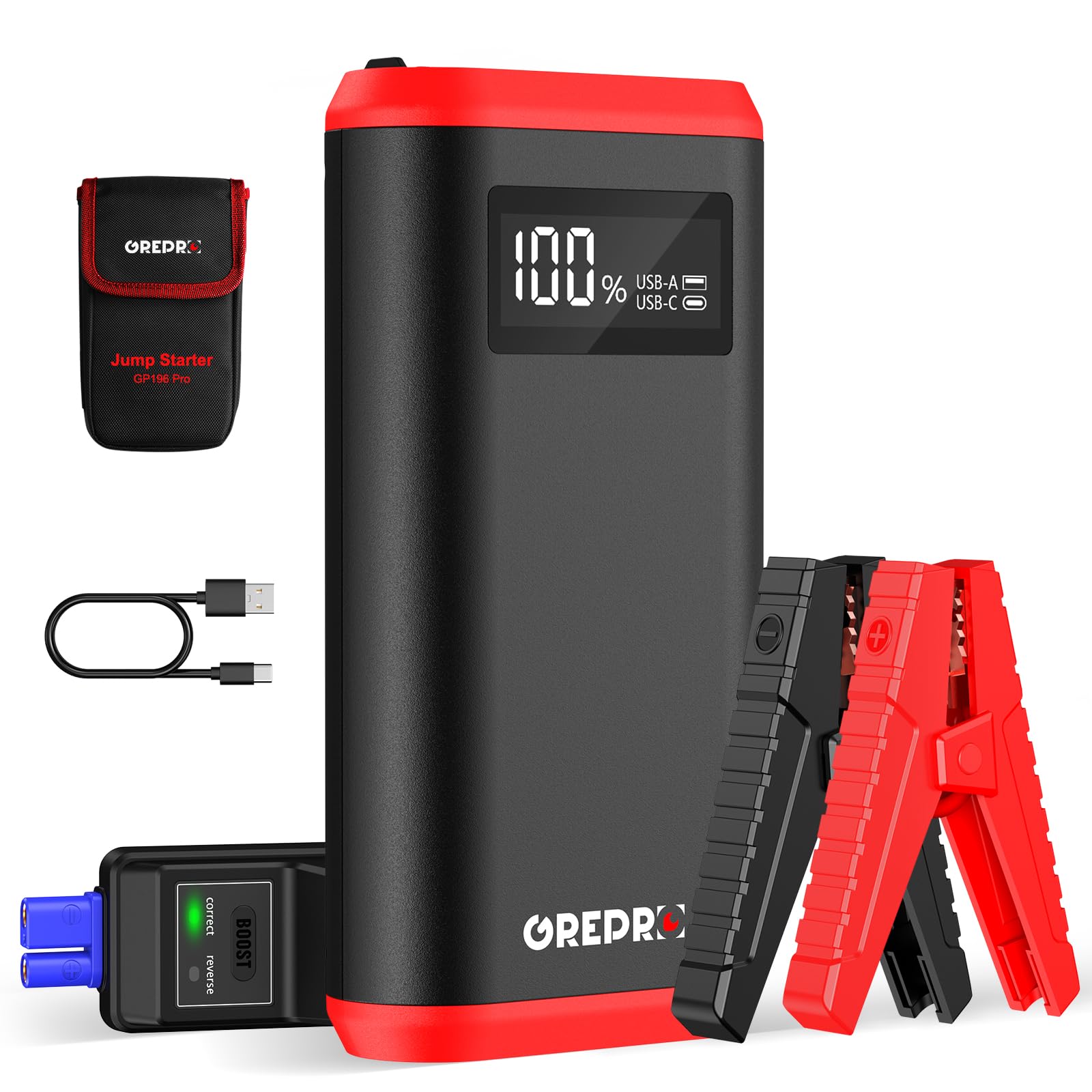 Grepro Car Battery Jump Starter, 3000A Battery Jumper Starter Portable For Up To 10L Gas Or 8.0L Diesel Engines, 12V Jumper Box