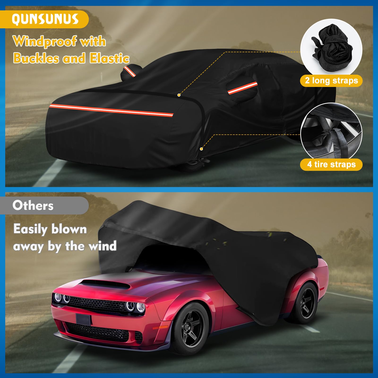 QUNSUNUS 6 Layer Car Cover for Dodge Challenger 2008-2023 Waterproof All Weather Windproof for Dodge Car Cover Hail Protection w