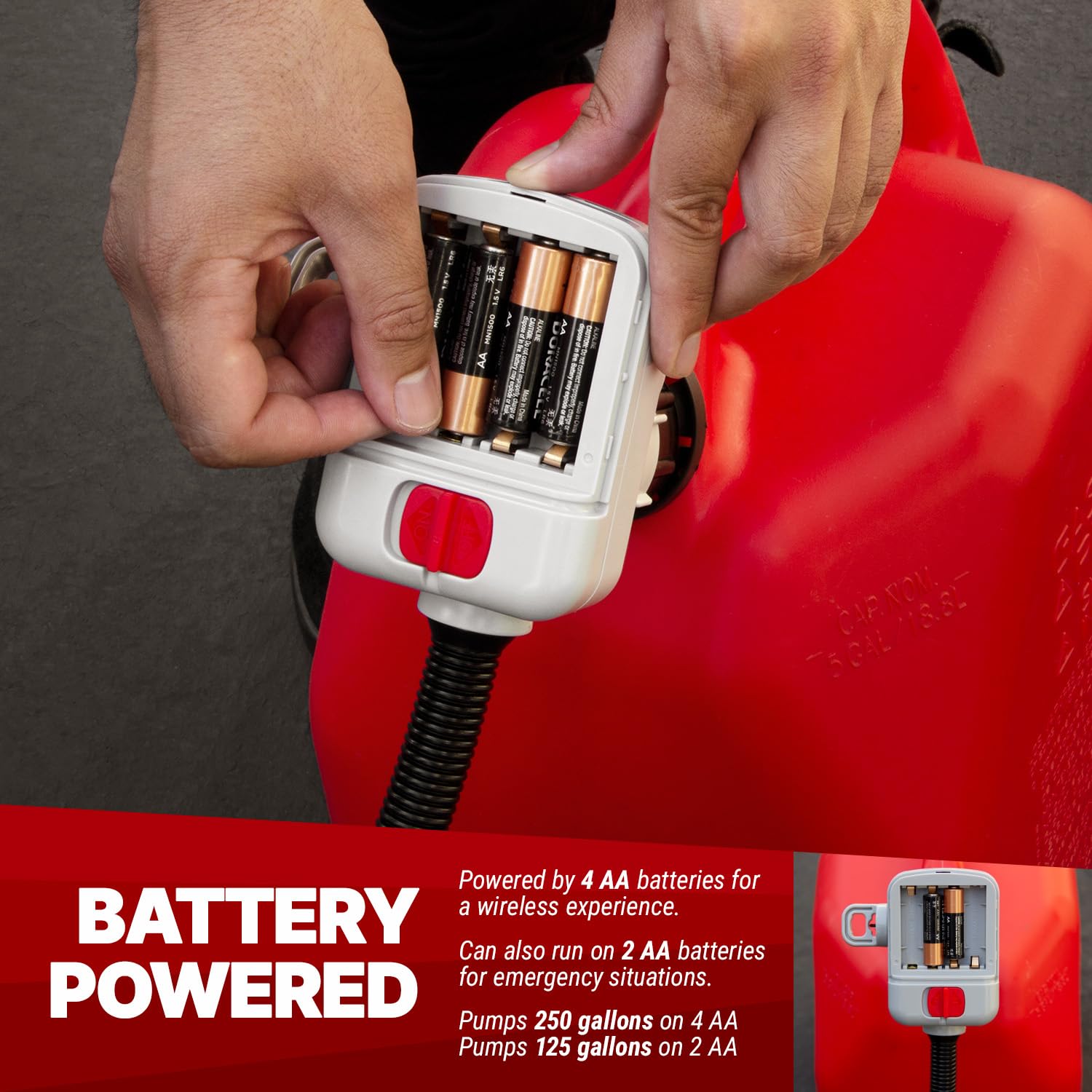 TERA PUMP Battery Gas Pump - 10L/min, 4-AA Powered, 4.1-ft Hose, Red, Plastic