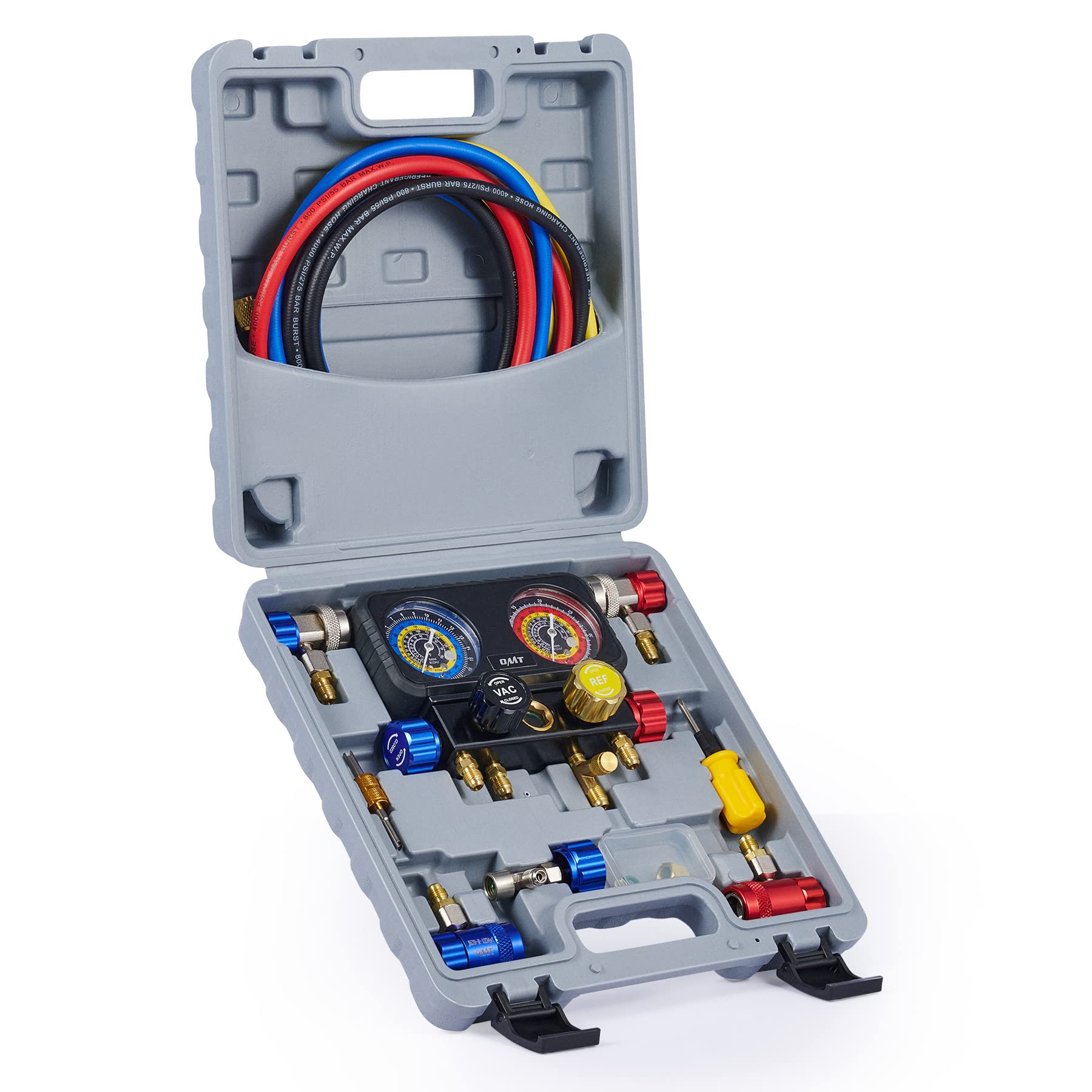 Orion Motor Tech R1234Yf Ac Gauge Set, 4 Way Ac Gauges W Hoses R1234Yf R134A Quick Couplers Self Sealing Can Tap For Freon Charg