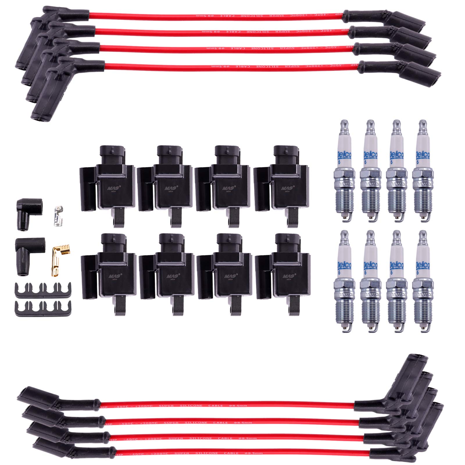 MAS Set of 8 Square Ignition Coil Pack UF271 &OEM ACDelco 6 Platinum Spark Plugs& 8.5mm Wires Compatible with Chevy Silverado Su