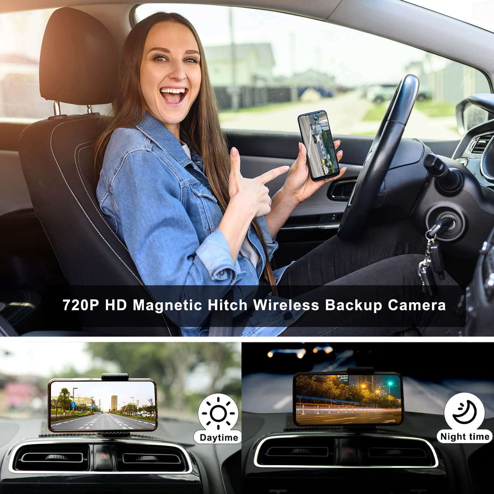 Yeoizo Wifi Magnetic Hitch Wireless Backup Camera, Back Up Front/Rear View Reverse Camera Night Vision Rechargeable Battery, Eas