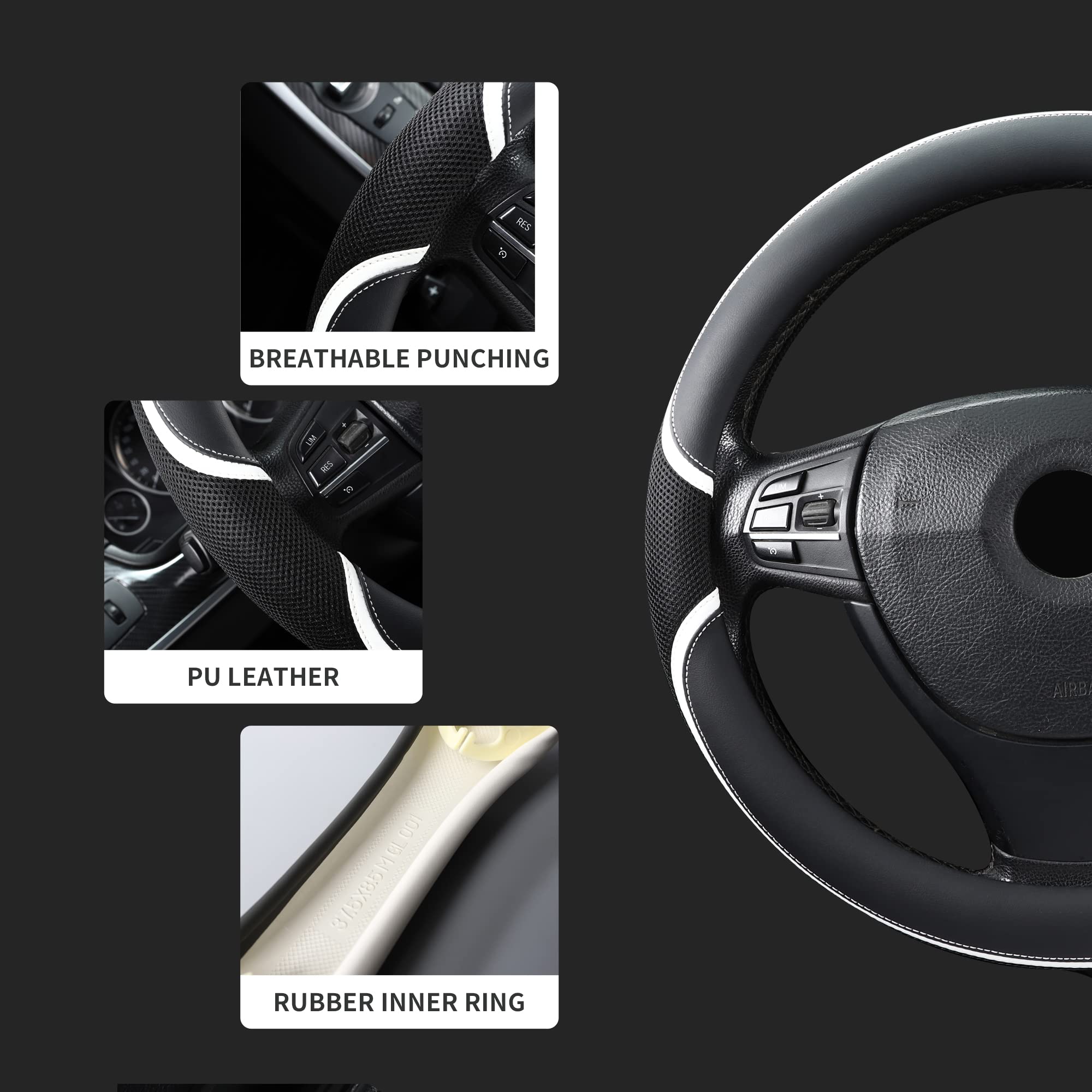 Microfiber Leather 16'' Universal Fit Car Steering Wheel Cover, Elastic Nonslip Breathable And Odorless, Black