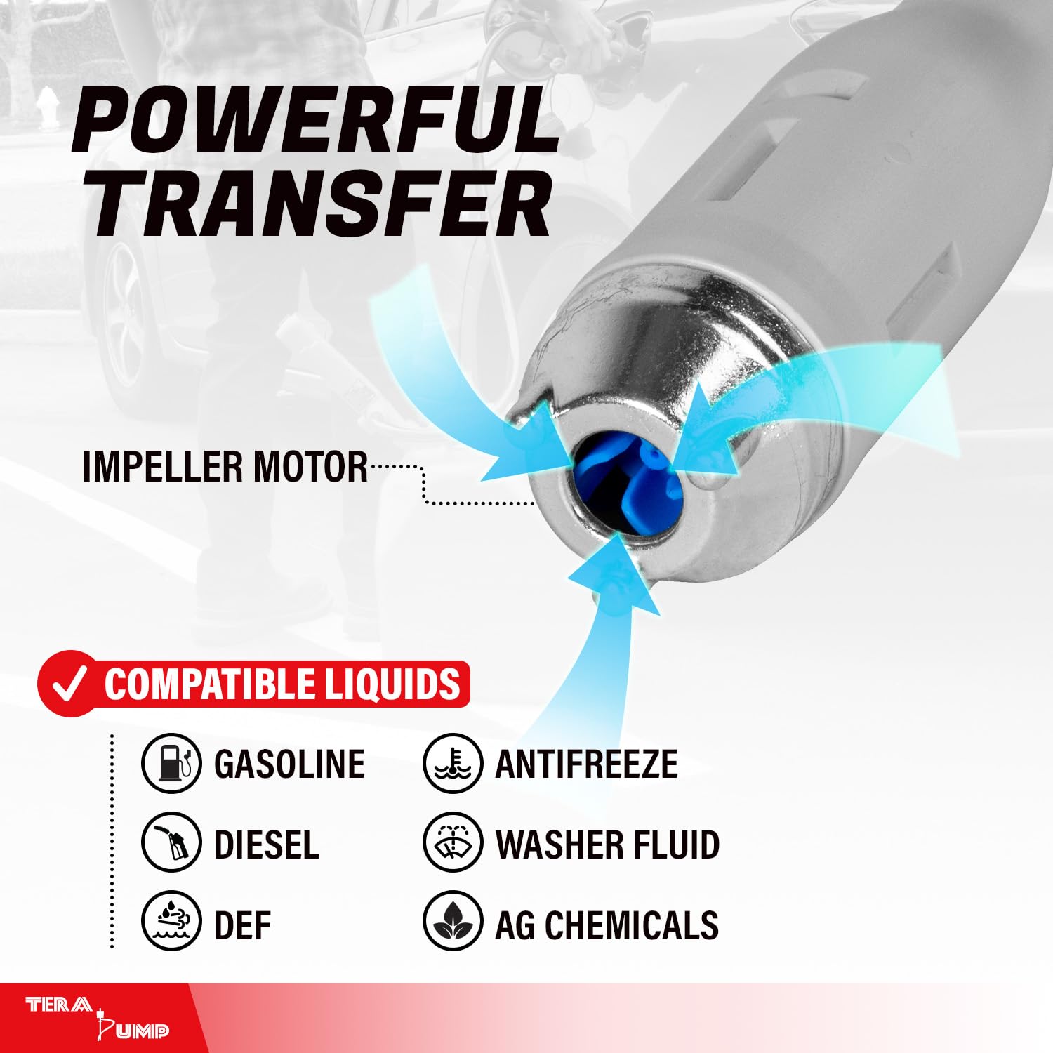 TERA PUMP Fuel Transfer Pump w/Quick Flow Control Nozzle - 3X Powerful D Battery Powered, 39 Upgraded Vinyl Discharge Hose, Mu