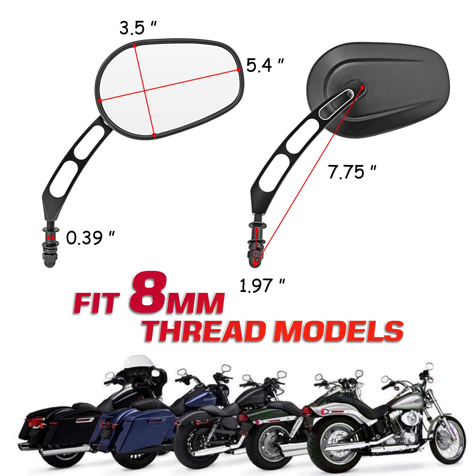 Mofun Gloss Black Mirrors 8Mm Rear Side Mirror Compatible With 1982-2024 Harley Softail Dyna Touring, Street Glide, Road Glide, Road King