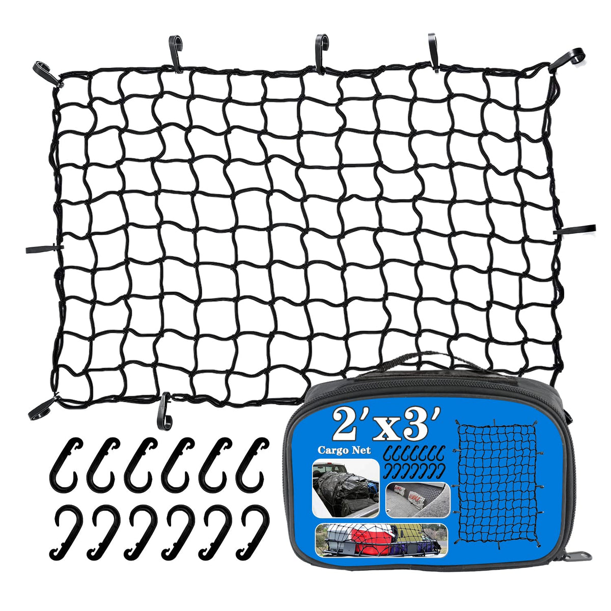 2X3 Bungee Cargo Net Stretches To 4'X6' For Truck Bed,Pickup Bed,Trailer,Motorcycle And Bike With 6 Adjustable Hooks Heavy Duty