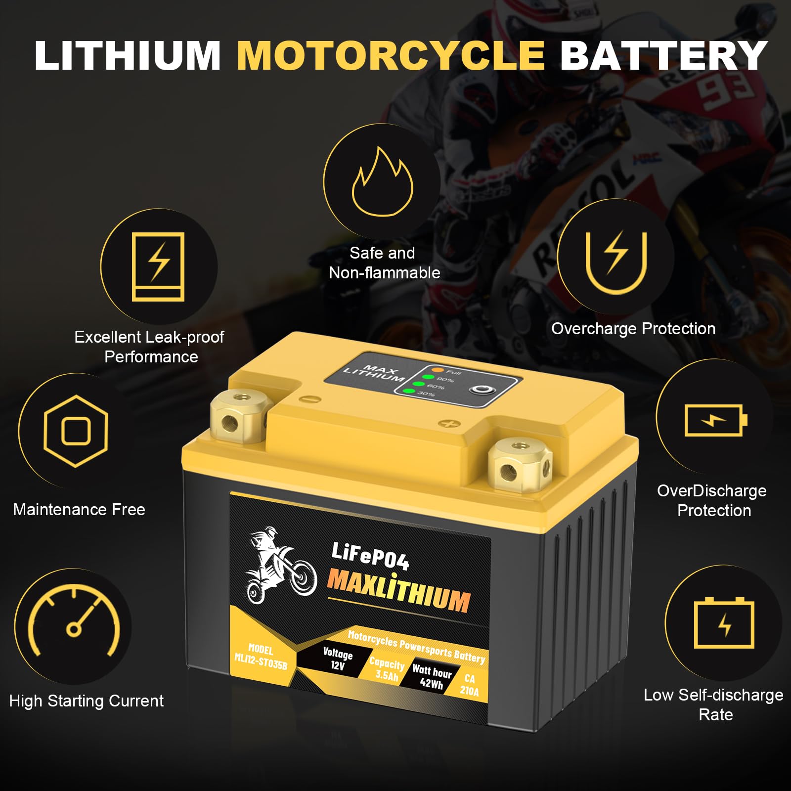 YTX4L-BS/YTX5L-BS Motorcycles Lithium Battery 12V 2.5Ah 150CA with Smart BMS, YTZ5S-BS/YTZ6-BS, Compatible with Small street Bik