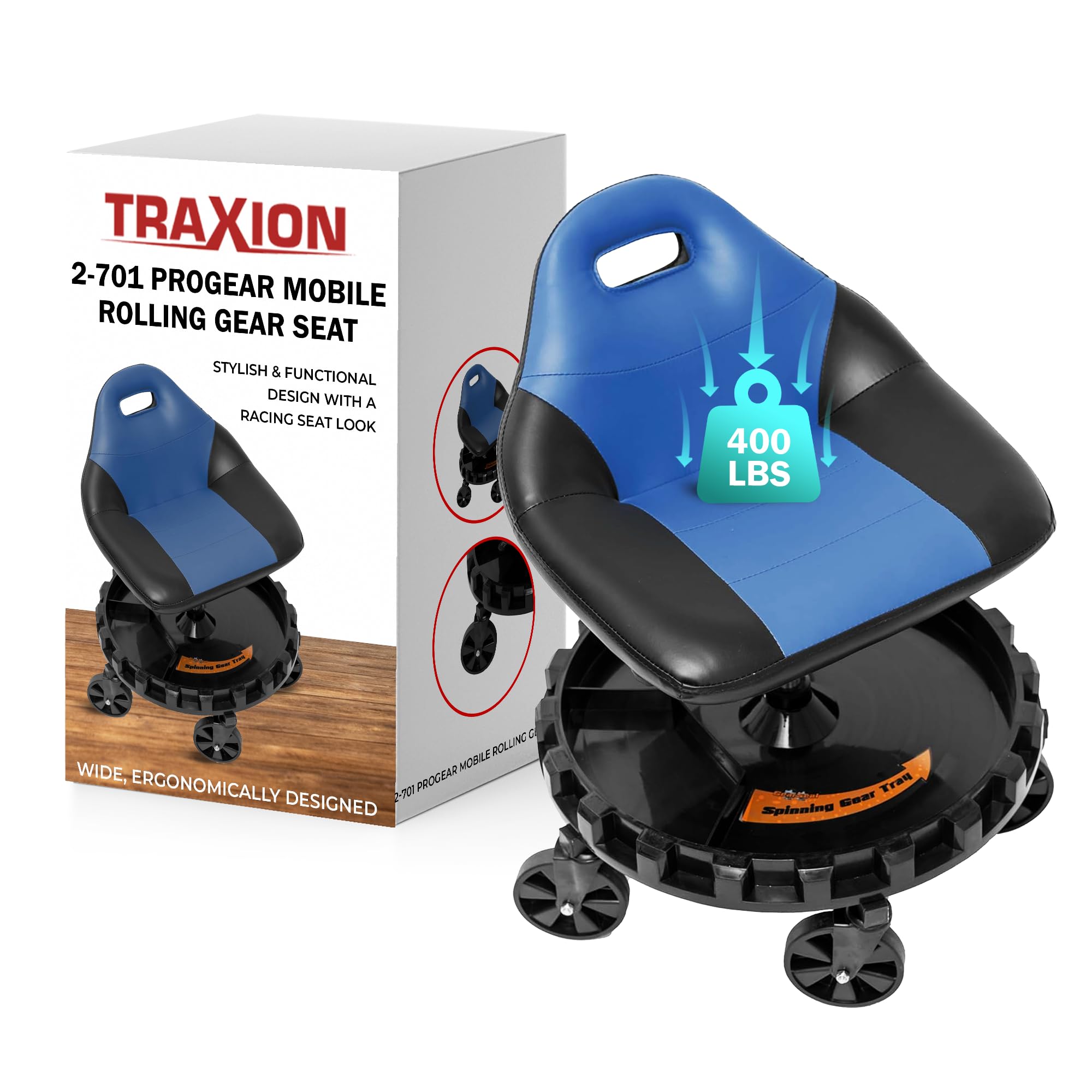 Traxion 400Lb Capacity 2-701 Blue Progear Mobile Rolling Gear Seat With Black Carbon Fiber