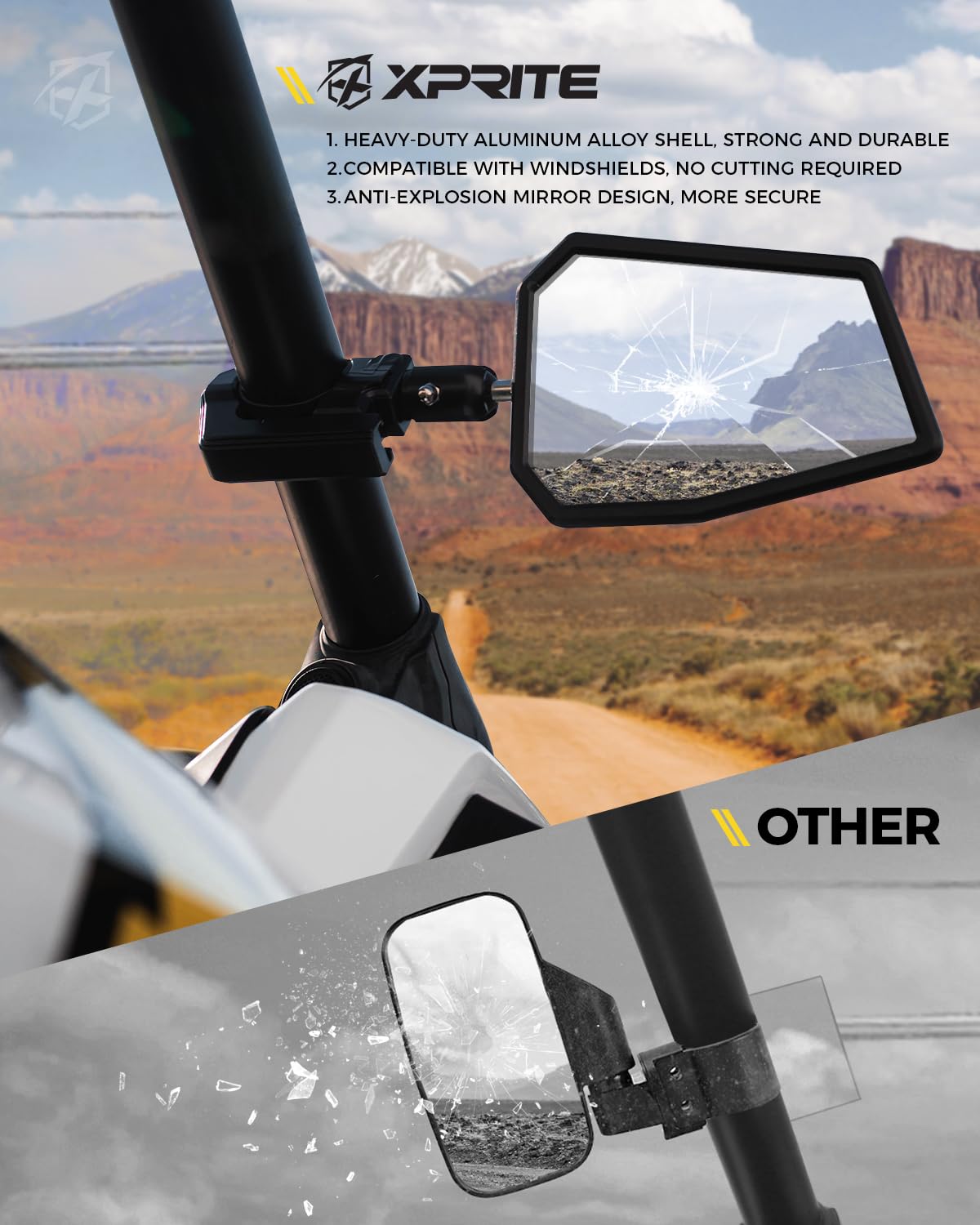 Xprite Utv Side Mirrors Fits 1.75''-2 Inch Roll Bar Cage, Heavy-Duty Aluminum Rear View Mirror Adjustable Bracket For Off-Road,