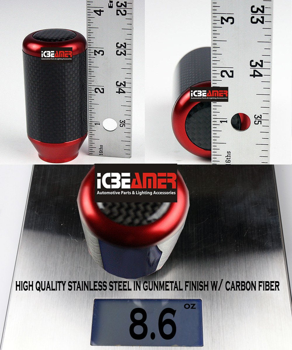 ICBEAMER Red Aluminum w/Carbon Fiber 3.25'' Shift Knob, Tall Fit Automatic and 4, 5 and 6 Speed Manual Transmission Vehicles, In