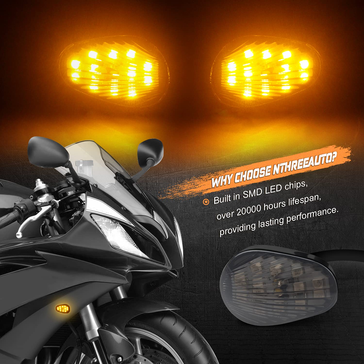 Nthreeauto Smoked Flush Mount Led Turn Signal Light Compatible With Yamaha Yzf R1 R6 R6S, 12V Universal Motorcycle Indicators